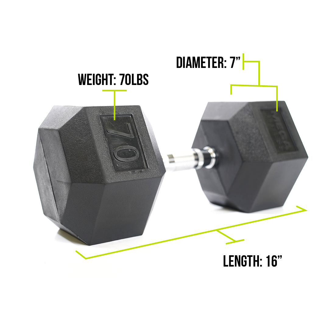 Mega Fitness - Rubber Hex Dumbbell 70lbs