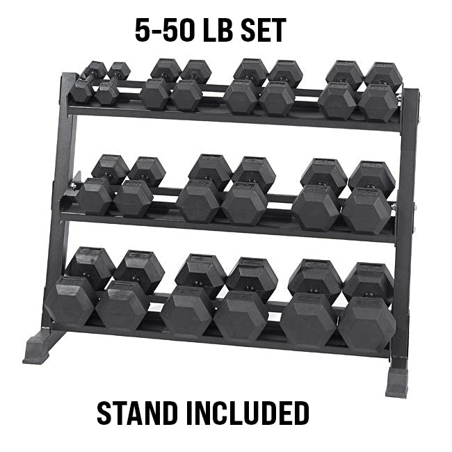 Ensemble d'haltères hexagonaux en caoutchouc vierge de 5 à 50 lb avec support