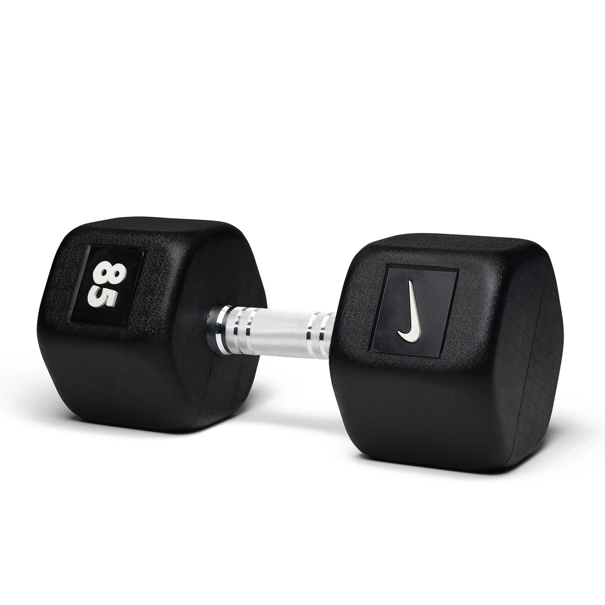 85lb black hex dumbbell with durable construction for heavy resistance training and advanced strength development.