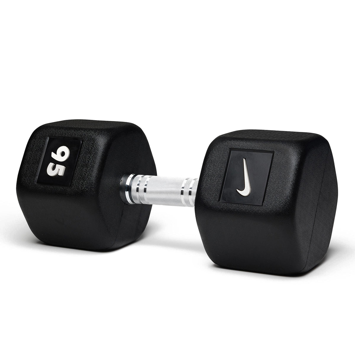 95lb black hex dumbbell with professional-grade construction for advanced strength training and powerlifting.