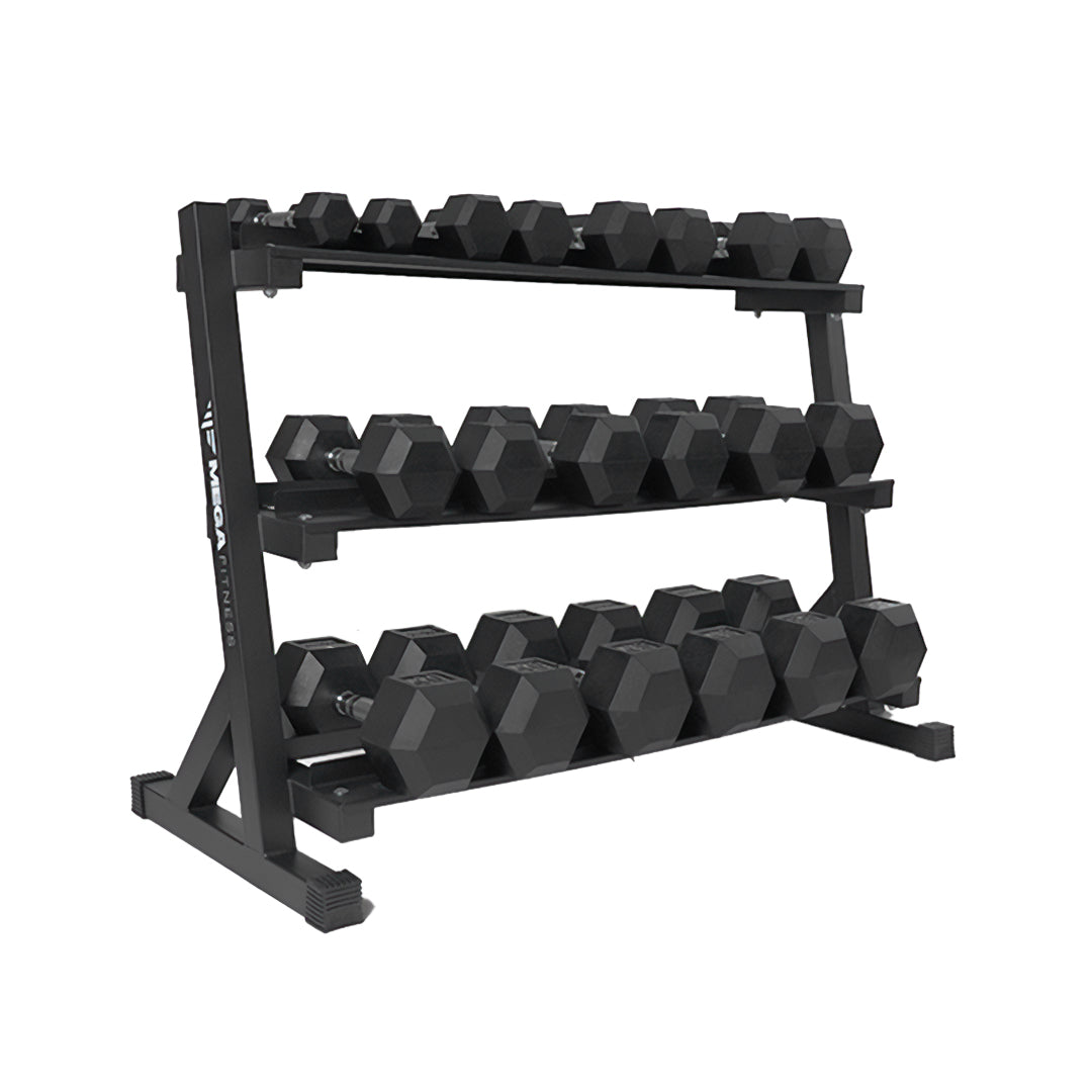Mega Fitness - Ensemble d'haltères hexagonaux en caoutchouc 5-50lbs avec support