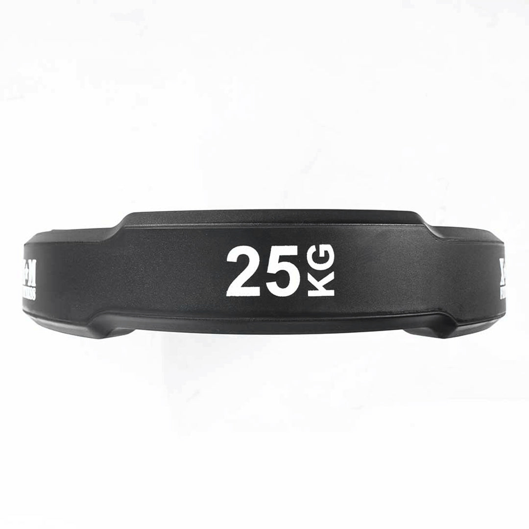XM Competition 25lb weight plates with ergonomic handles for powerlifting and Olympic weightlifting exercises.